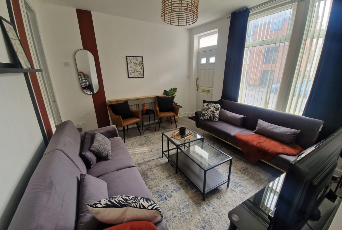 TV lounge with sofa set and table listed by hmh stays in UK